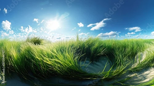 An immersive 360-degree equirectangular panorama of a serene seagrass meadow, with sunlight filtering through the swaying blades of Video