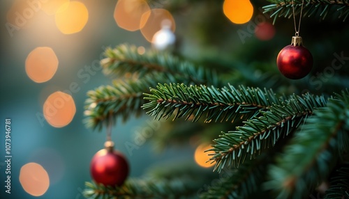 Close-up of pine tree branch with red Christmas ornaments. Festive Xmas tree decor with bokeh lights background. Holiday season, New Year celebration.