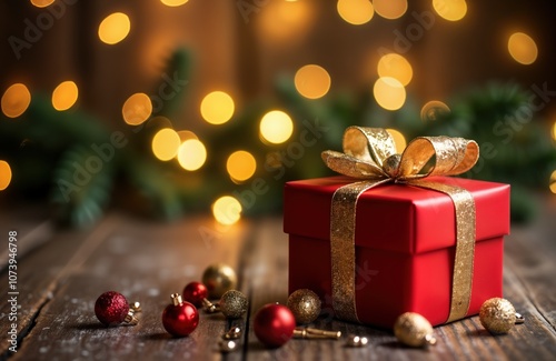 Red gift box with golden ribbon on wooden table. Christmas ornaments are scattered around. Christmas lights are blurred in the background. Presents, Christmas decorations, holiday celebration.