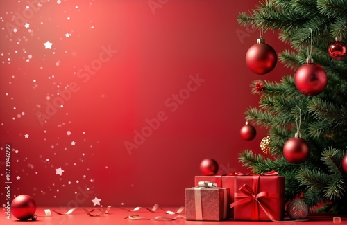 Red Christmas background with presents and Christmas tree branch. Fir tree ornaments, gift boxes with red ribbons and snow effect. Perfect for holiday greeting card or seasonal decor.