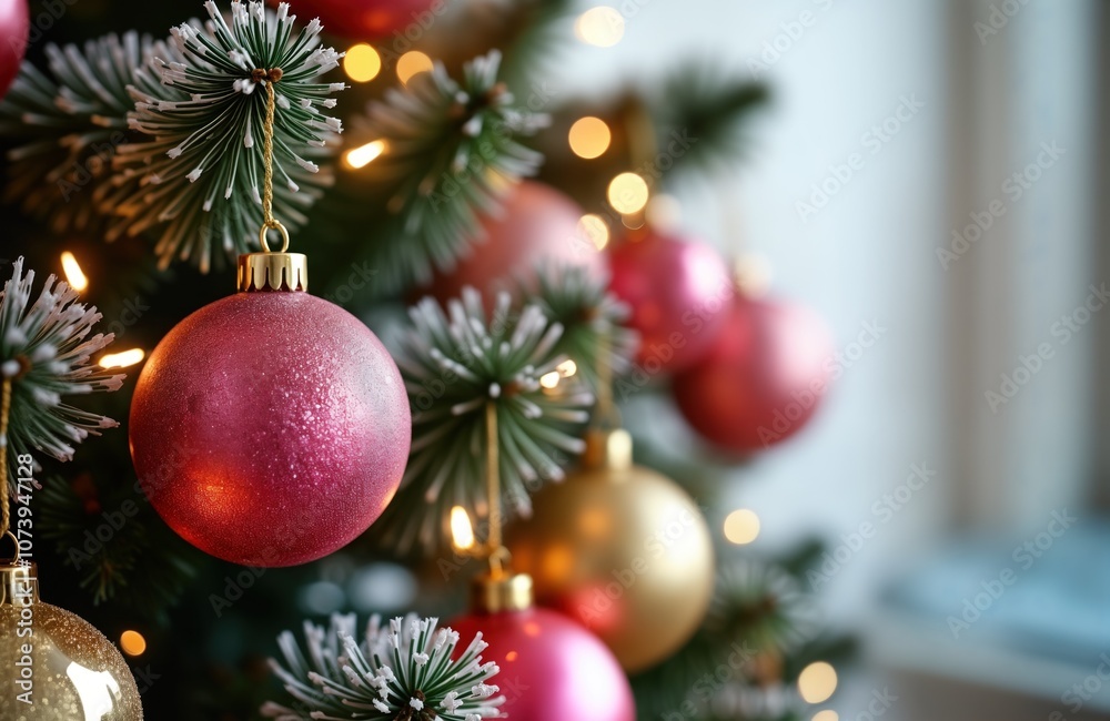 Pink and gold ornaments decorate a Christmas tree. The ornaments shine under the warm glow of fairy lights. Closeup view of the ornaments, frosted pine needles, and glowing lights. Pink and gold ornaments decorate a Christmas tree. The ornaments shine under the warm glow of fairy lights. Closeup view of the ornaments, frosted pine needles, and glowing lights.