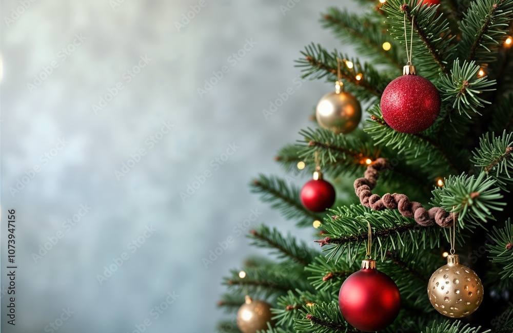 Christmas tree decorated with red and gold ornaments, string lights. Grey background provides copy space. Festive and abstract design for holiday greeting cards, wallpapers or other graphic projects. Christmas tree decorated with red and gold ornaments, string lights. Grey background provides copy space. Festive and abstract design for holiday greeting cards, wallpapers or other graphic projects.