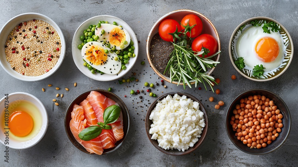 A flat lay of various healthy breakfast ingredients in bowls, including eggs, peas, salmon, tomatoes, cottage cheese, and chickpeas on a grey background. A flat lay of various healthy breakfast ingredients in bowls, including eggs, peas, salmon, tomatoes, cottage cheese, and chickpeas on a grey background.