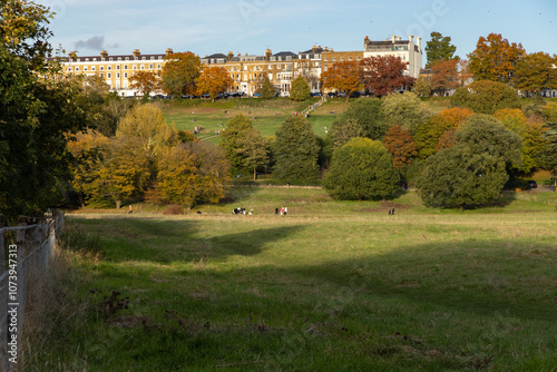 Richmond Hill terrace and gardens viewed from Petersham Meadows in autumn