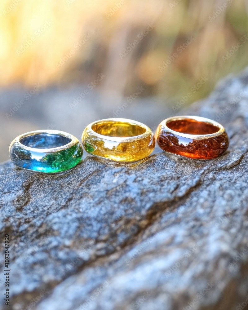 Intricate Rings Resting on a Weathered Stone Under the Warm Glow of Twilight Intricate Rings Resting on a Weathered Stone Under the Warm Glow of Twilight