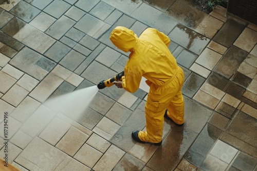 Worker in yellow suit cleaning tiles with high pressure water jet.