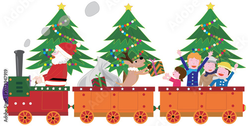 クリスマスにサンタクロースとトナカイが蒸気機関車でプレゼントを渡しているイラスト素材です。