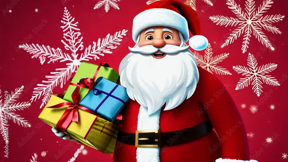 Smiling Santa Claus Holding Gifts with Snowy Background Smiling Santa Claus Holding Gifts with Snowy Background