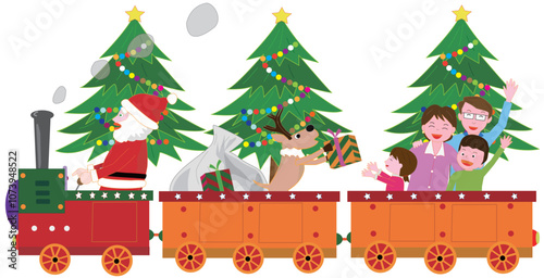 クリスマスにサンタクロースとトナカイが蒸気機関車でプレゼントを渡しているイラスト素材です。
