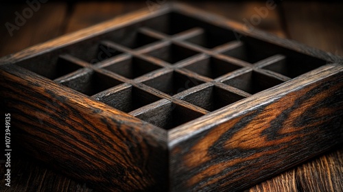 A wooden grid box with multiple compartments, likely for organizing small items.