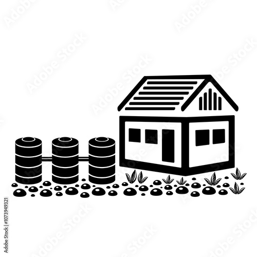 Vector illustration, logo, septic tank barrel icon and house. Isolated on a white background.