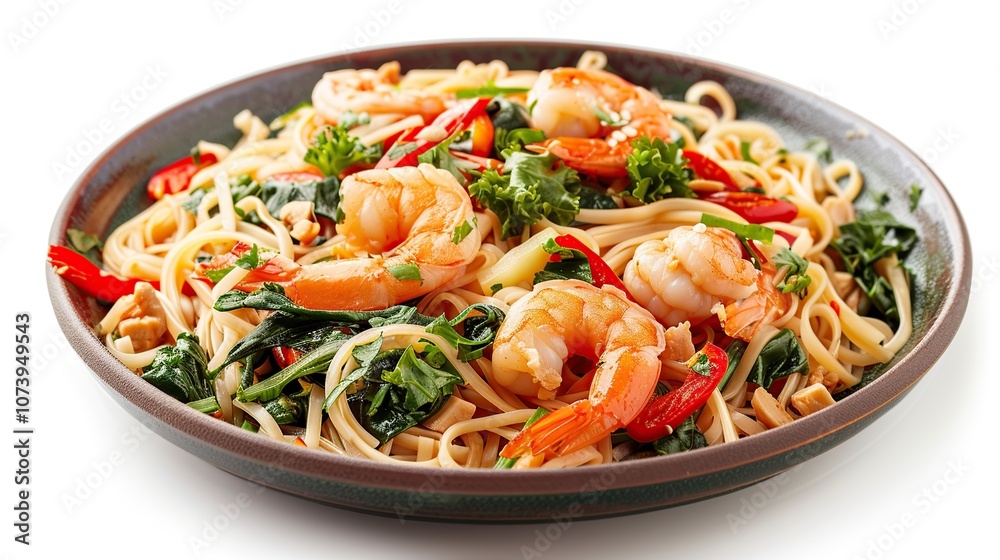 A plate of shrimp stir-fry noodles with vegetables on a white background. A plate of shrimp stir-fry noodles with vegetables on a white background.