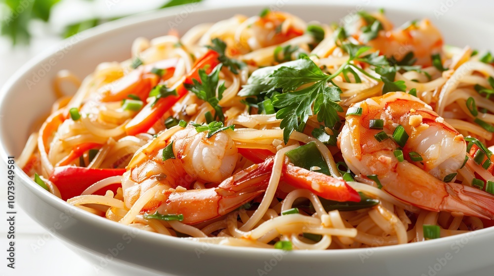 A white bowl filled with stir-fried noodles, shrimp, red peppers, green onions and parsley. A white bowl filled with stir-fried noodles, shrimp, red peppers, green onions and parsley.