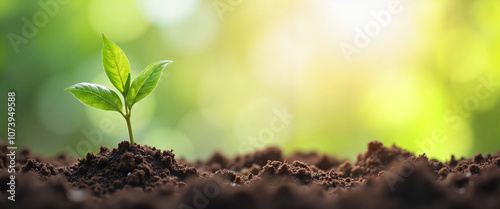 A young green sprout emerging from dark soil symbolizing growth and renewal in sunlight