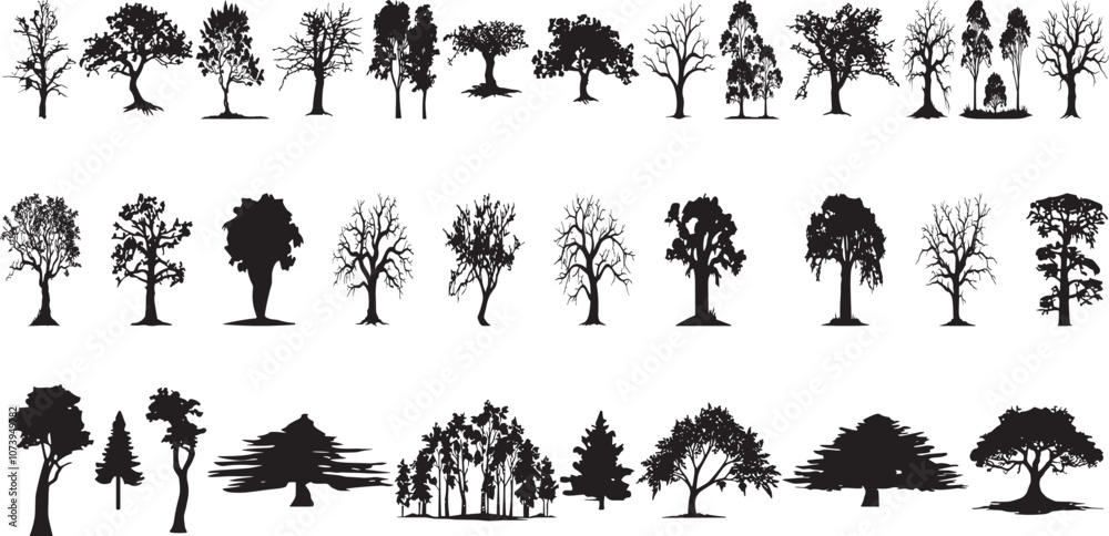 silhouette tree line drawing set, Side view, set of graphics trees elements outline symbol