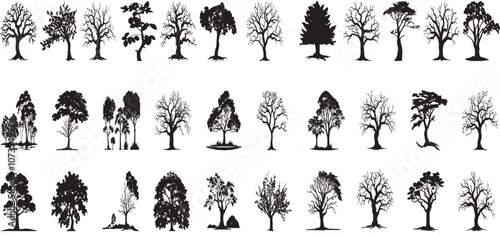 silhouette tree line drawing set, Side view, set of graphics trees elements outline symbol