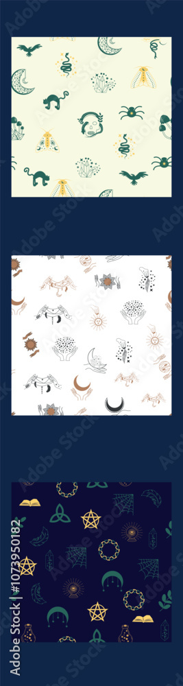 Vertical border, set Magic and heavens seamless pattern. Symbols and elements of the witchcraft theme Vertical border, set Magic and heavens seamless pattern. Symbols and elements of the witchcraft theme