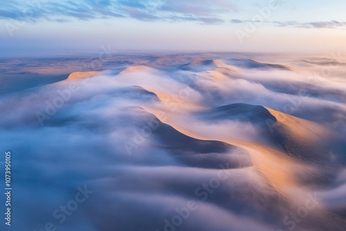 Fototapeta Naklejka Na Ścianę i Meble -  Desert Landscape with Fog: Sand dunes partially covered in morning fog
