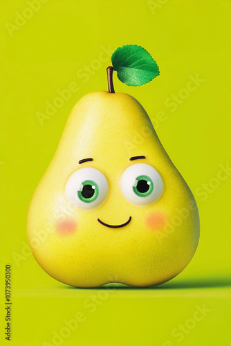 Bright yellow pear with green leaves against a vivid yellow background showcasing natural freshness and simplicity in design. Generative AI