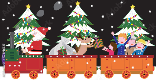 クリスマスにサンタクロースとトナカイが蒸気機関車でプレゼントを渡しているイラスト素材です。