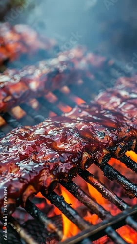 Grilled barbecue ribs with sauce on open flame grill, close-up. Outdoor cooking and food concept