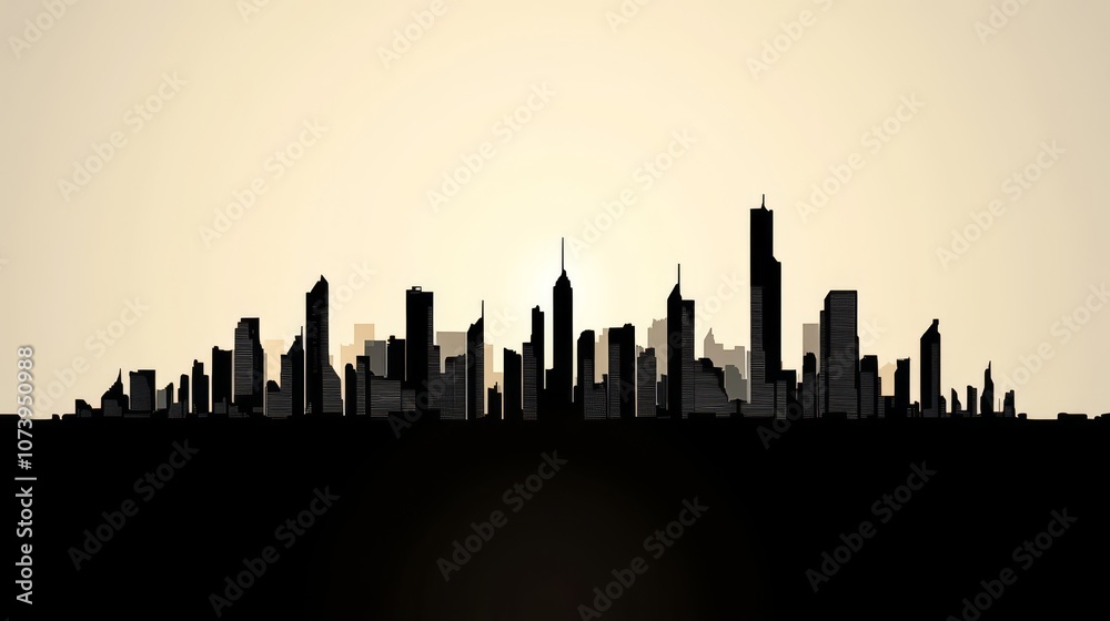Fototapeta premium Silhouette of a city skyline with a sun rising over it.