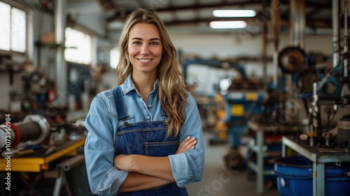 Confident Young Female Mechanic in Blue Overalls Standing in Industrial Workshop with Arms Crossed, Smiling and Exuding Professionalism