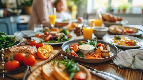 A table set for a family breakfast with a variety of fresh foods like salad, fruit, toast, and eggs.