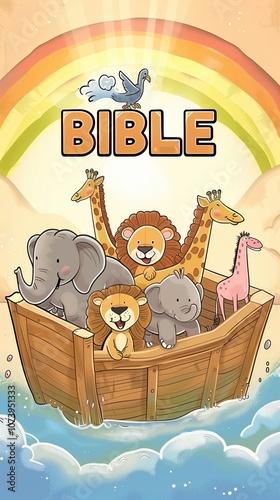 Whimsical Noah's Ark Illustration Featuring Cute Animals With Rainbow and Bible Theme