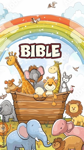 Whimsical Noah's Ark Illustration with Adorable Animals and Vibrant Rainbow - Perfect for Children's Bible Stories and Educational Materials