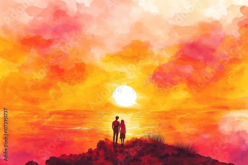 A vibrant watercolor illustration of a couple standing on a cliff, watching a warm, colorful sunset over the ocean with orange and pink clouds filling the sky, evoking romance and tranquility