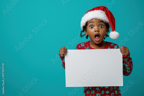 Christmas sale mockup, Surprised child in a Santa hat holding a blank sign against a bright teal background. Perfect for holiday promotions, Christmas-themed designs, or festive marketing campaigns photo