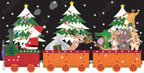 クリスマスにサンタクロースとトナカイが蒸気機関車でプレゼントを渡しているイラスト素材です。