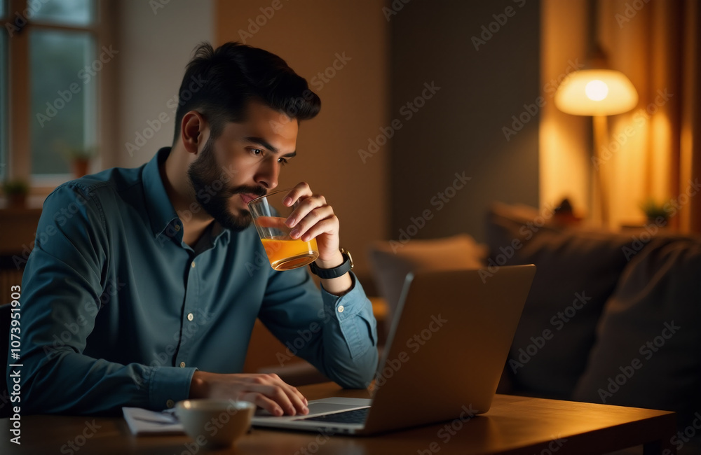 Young Man Working on Laptop While Enjoying Orange Juice in Cozy Home at Sunset. Cinematic Backlit Scene Captures Warm Atmosphere and Productive Evening Vibes. Young Man Working on Laptop While Enjoying Orange Juice in Cozy Home at Sunset. Cinematic Backlit Scene Captures Warm Atmosphere and Productive Evening Vibes.