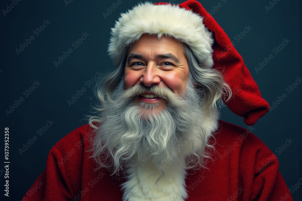 Smiling Santa Claus Portrait in Red Suit with Blue Background and Yellow Accents.