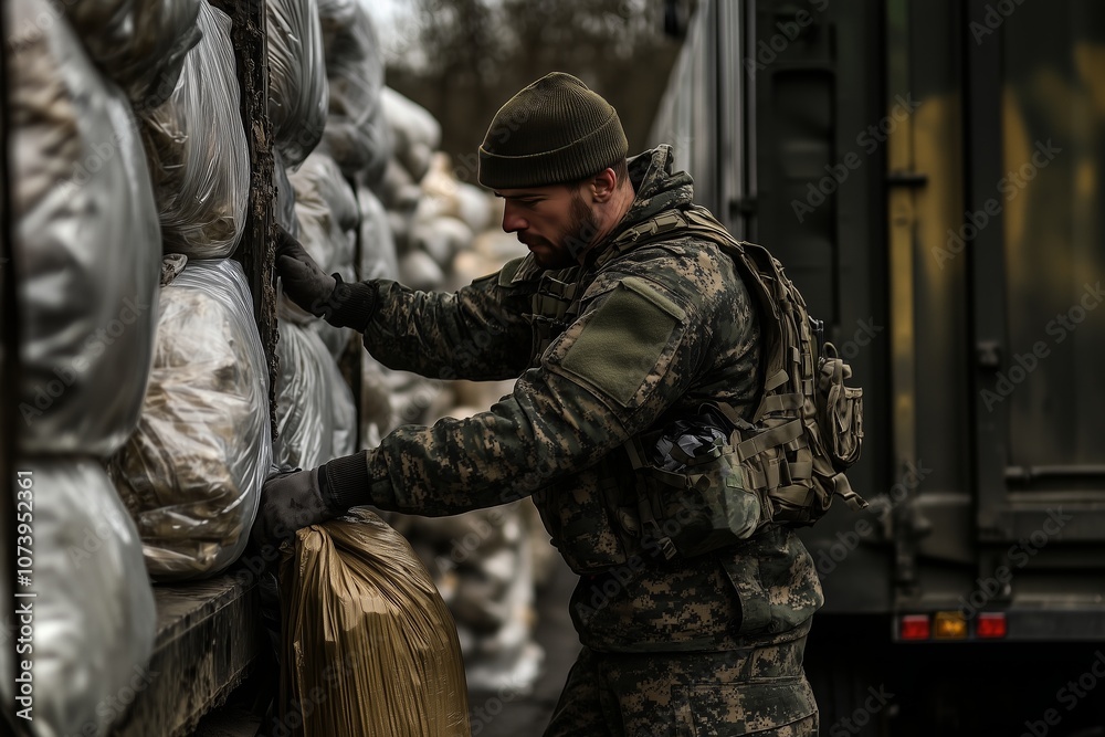 Fototapeta premium A man in camouflage clothing unloads supplies from a truck. 