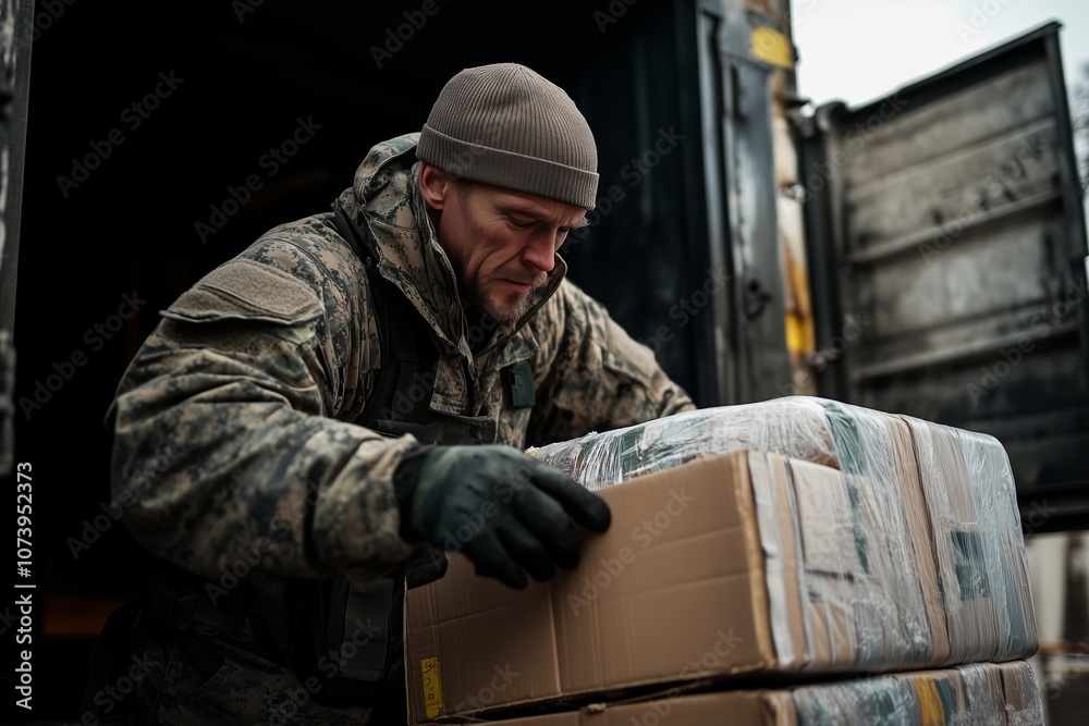 A man in camouflage clothing unloads supplies from a truck. A man in camouflage clothing unloads supplies from a truck.