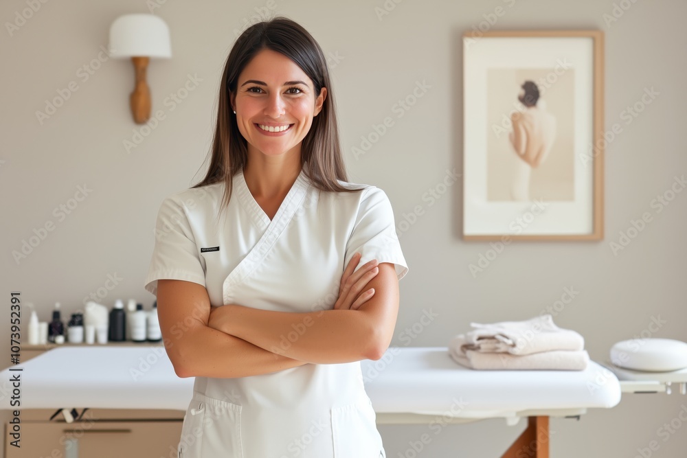 A woman massagist is standing in front of her massage table, smiling with crossed arms and wearing white, spa, massage, clinic and cosmetology service, beauty poster, banner, copy space A woman massagist is standing in front of her massage table, smiling with crossed arms and wearing white, spa, massage, clinic and cosmetology service, beauty poster, banner, copy space