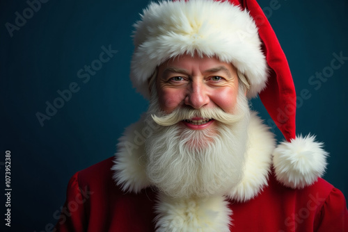 Smiling Santa Claus Portrait in Red Suit with Blue Background and Yellow Accents.
