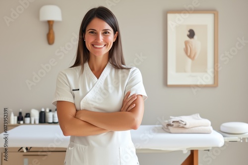 A woman massagist is standing in front of her massage table, smiling with crossed arms and wearing white, spa, massage, clinic and cosmetology service, beauty poster, banner, copy space