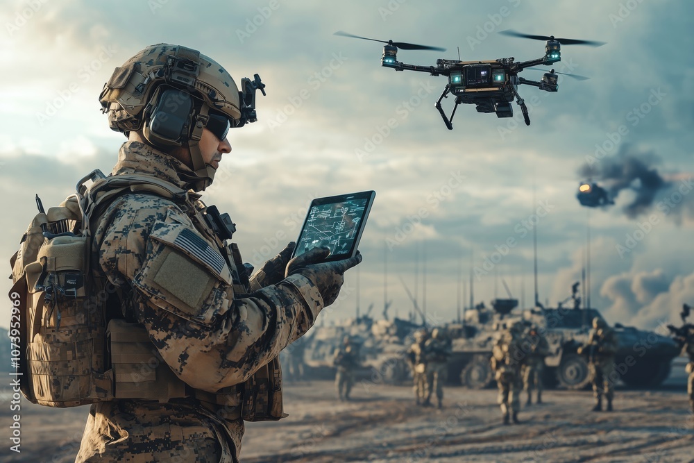 Mobile military base, soldier engineer transmits aerial pictures and data from drone to artillery. Concept of smart war by robots Mobile military base, soldier engineer transmits aerial pictures and data from drone to artillery. Concept of smart war by robots
