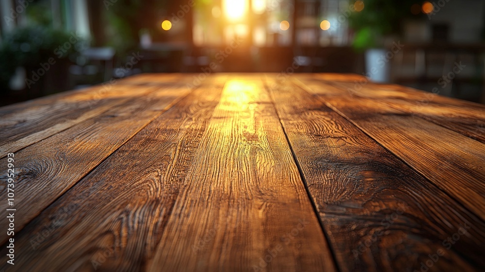 A wooden table reflecting warm sunlight in a cozy, inviting space.