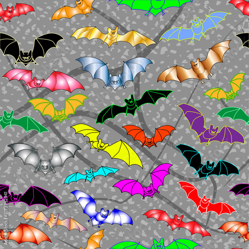 Colorful bats. Halloween pattern with bright colorful bats on a gray background. Halloween-themed pattern with bats. Seamless Halloween pattern with floating bats. photo