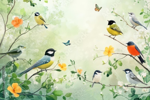 International bird day. Beautiful garden birds with blossoming flowers and butterflies. Watercolor illustration. Horizontal banner. Copy space. World Wildlife day. Bird Watching and Bird Study Days