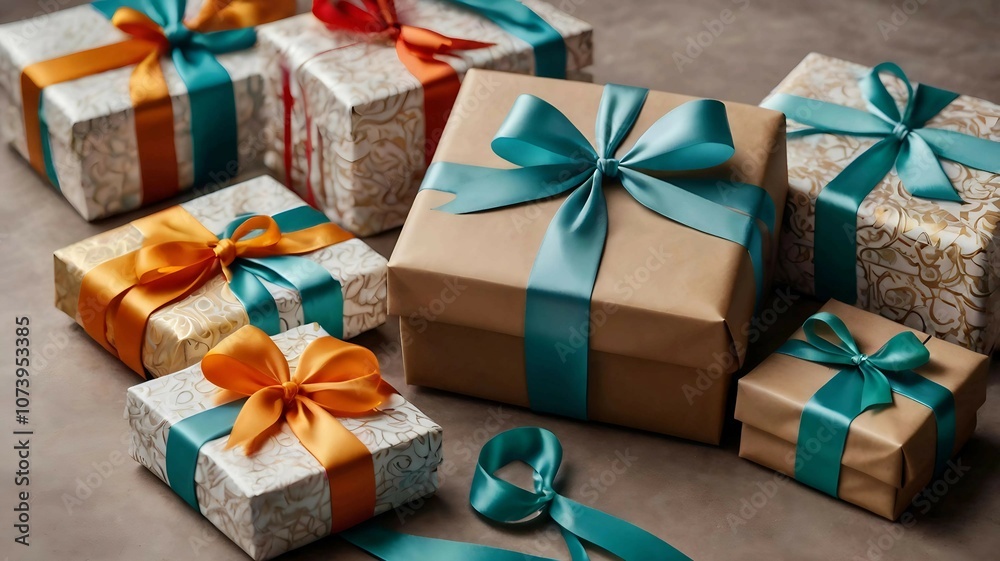 Obraz premium Gifts: Elegantly wrapped boxes with bright and bows. New Year's atmosphere