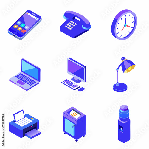 Office equipment in blue tones, modern style, digital devices and furniture, copy space