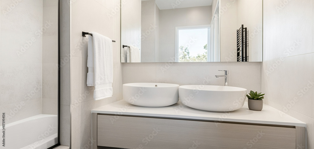 Modern bathroom interior featuring sleek design and natural light with minimalist decor. Modern bathroom interior featuring sleek design and natural light with minimalist decor.