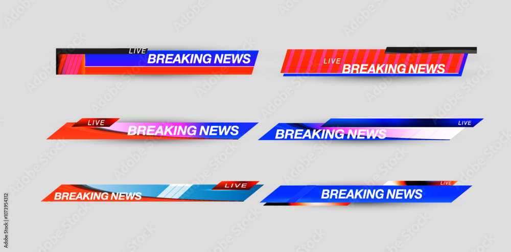 Various breaking news banner designs showcasing vibrant graphics for live updates in a television broadcast setting.