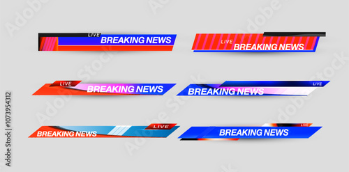 Various breaking news banner designs showcasing vibrant graphics for live updates in a television broadcast setting.