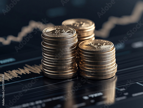 Stacks of coins on a digital financial graph representing investment growth. photo